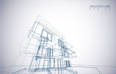 Kablo-çerçeve modu ve gradyan renk arkaplanı binasının mimari tasarımı. Genişletilmiş çizgiler ve çeşitli renklerde basit şekillerin doğrusal formları. Şeffaf yapının düz çizgisi