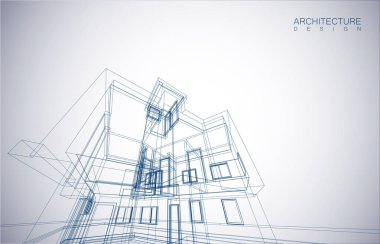 Kablo-çerçeve modu ve gradyan renk arkaplanı binasının mimari tasarımı. Genişletilmiş çizgiler ve çeşitli renklerde basit şekillerin doğrusal formları. Şeffaf yapının düz çizgisi