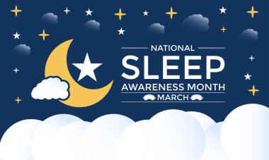 Ulusal Uyku Farkındalığı Ayı Mart ayının her yılında gözlemlenmiştir. Gece modu Ay ışığı ve etrafında yıldız afişi, el ilanı ve bayrak, arkaplan tasarımı.