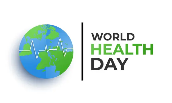 Dünya Sağlık Günü konseptinin vektör illüstrasyonu. Doktor stetoskoplu metin tasarımı dünya haritası. Afiş, broşür ve arkaplan tasarımı.