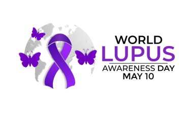 Dünya Lupus Günü 10 Mayıs Dünya haritasında mor kurdeleli. Afiş, broşür ve arkaplan tasarımı. Vektör illüstrasyonu.
