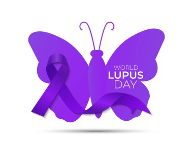 Dünya Lupus Günü 10 Mayıs Dünya haritasında mor kurdeleli. Afiş, broşür ve arkaplan tasarımı. Vektör illüstrasyonu.