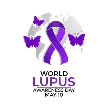Dünya Lupus Günü 10 Mayıs Dünya haritasında mor kurdeleli. Afiş, broşür ve arkaplan tasarımı. Vektör illüstrasyonu.