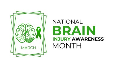 Ulusal Beyin Hasarı Bilinci Ayı March Banner tasarım şablonu. İnsan beynine ve steteskop vektörüne sahip yeşil kurdele beyaz yeşil arka planda izole edilmiş..