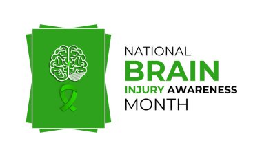 Ulusal Beyin Hasarı Bilinci Ayı March Banner tasarım şablonu. İnsan beynine ve steteskop vektörüne sahip yeşil kurdele beyaz yeşil arka planda izole edilmiş..