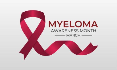 Çoklu Myeloma Farkındalığı Ayı. Kaligrafi kurdeleli gerçekçi Burgundy Ribbon, gerçekçi kurdele. Arkaplanın vektör illüstrasyonu.
