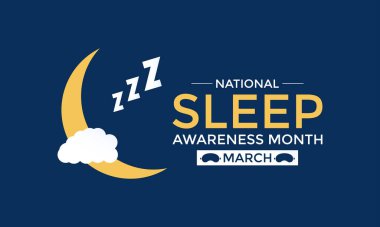 Ulusal Uyku Farkındalığı Ayı Mart ayında iyi bir uyku sağlığının kişinin genel sağlığı üzerindeki etkisinin altı çizilmelidir. Afiş, el ilanı ve arkaplan tasarım şablonu.