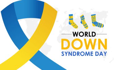 Dünya Down Sendromu Günü 21 Mart arka plan tasarımı. Sarı ve mavi tipografi Vektör çizimi. Bir sürü çorap ve gerçekçi kurdele afişi, kartlar, baskılar, sosyal medya, poster tasarımı .eps 10.