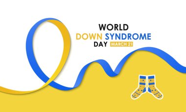 Dünya Down Sendromu Günü 21 Mart arka plan tasarımı. Sarı ve mavi tipografi Vektör çizimi. Bir sürü çorap ve gerçekçi kurdele afişi, kartlar, baskılar, sosyal medya, poster tasarımı .eps 10.