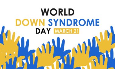 Dünya Down Sendromu Günü 21 Mart arka plan tasarımı. Sarı ve mavi tipografi Vektör çizimi. Bir sürü çorap ve gerçekçi kurdele afişi, kartlar, baskılar, sosyal medya, poster tasarımı .eps 10.