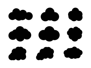 Siyah renkli bulut dizaynı. Bulutlar dokusu zengindir, koyu siyah ve dumanlı gri tabakalar pürüzsüz bir şekilde birbirine karışır, büyüleyici bir gölgeler ve ışık oyunu yaratır. Vektör çizimi. Bulut ikonu, bulut şekli. Farklı şekiller bulutlar 