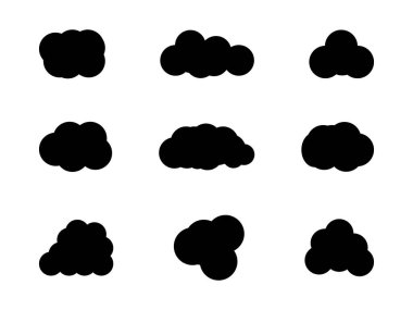 Siyah renkli bulut dizaynı. Bulutlar dokusu zengindir, koyu siyah ve dumanlı gri tabakalar pürüzsüz bir şekilde birbirine karışır, büyüleyici bir gölgeler ve ışık oyunu yaratır. Vektör çizimi. Bulut ikonu, bulut şekli. Farklı şekiller bulutlar 