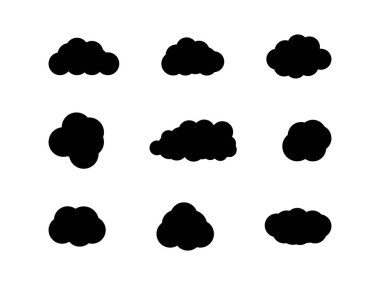 Siyah renkli bulut dizaynı. Bulutlar dokusu zengindir, koyu siyah ve dumanlı gri tabakalar pürüzsüz bir şekilde birbirine karışır, büyüleyici bir gölgeler ve ışık oyunu yaratır. Vektör çizimi. Bulut ikonu, bulut şekli. Farklı şekiller bulutlar 