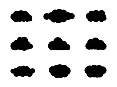Siyah renkli bulut dizaynı. Bulutlar dokusu zengindir, koyu siyah ve dumanlı gri tabakalar pürüzsüz bir şekilde birbirine karışır, büyüleyici bir gölgeler ve ışık oyunu yaratır. Vektör çizimi. Bulut ikonu, bulut şekli. Farklı şekiller bulutlar 