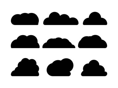 Siyah renkli bulut dizaynı. Bulutlar dokusu zengindir, koyu siyah ve dumanlı gri tabakalar pürüzsüz bir şekilde birbirine karışır, büyüleyici bir gölgeler ve ışık oyunu yaratır. Vektör çizimi. Bulut ikonu, bulut şekli. Farklı şekiller bulutlar 