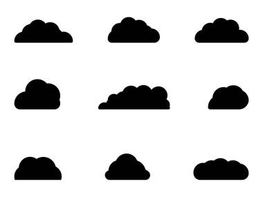 Siyah renkli bulut dizaynı. Bulutlar dokusu zengindir, koyu siyah ve dumanlı gri tabakalar pürüzsüz bir şekilde birbirine karışır, büyüleyici bir gölgeler ve ışık oyunu yaratır. Vektör çizimi. Bulut ikonu, bulut şekli. Farklı şekiller bulutlar 