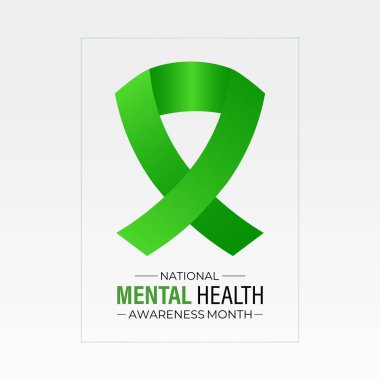 Her yıl Mayıs ayında gözlemlenen Ruh Sağlığı Bilinci Ayı 'nın vektör illüstrasyonu. Gerçekçi yeşil kurdele tasarımlı beyin ve insan kafası. Afiş, el ilanı ve arkaplan tasarım şablonu.