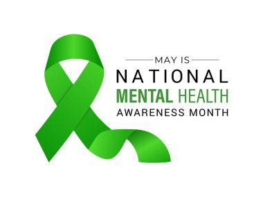 Her yıl Mayıs ayında gözlemlenen Ruh Sağlığı Bilinci Ayı 'nın vektör illüstrasyonu. Gerçekçi yeşil kurdele tasarımlı beyin ve insan kafası. Afiş, el ilanı ve arkaplan tasarım şablonu.