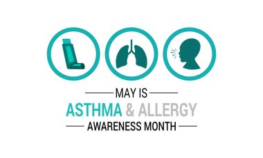 Astım ve alerji farkındalığı ay sonu arkaplan tasarım şablonunun vektör grafiği. Hırıltı, öksürük, alerjik reaksiyonlar. Gerçekçi kurdele, astım spreyli steteskop. Web Afişi.