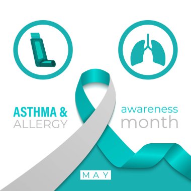 Astım ve alerji farkındalığı ay sonu arkaplan tasarım şablonunun vektör grafiği. Hırıltı, öksürük, alerjik reaksiyonlar. Gerçekçi kurdele, astım spreyli steteskop. Web Afişi.