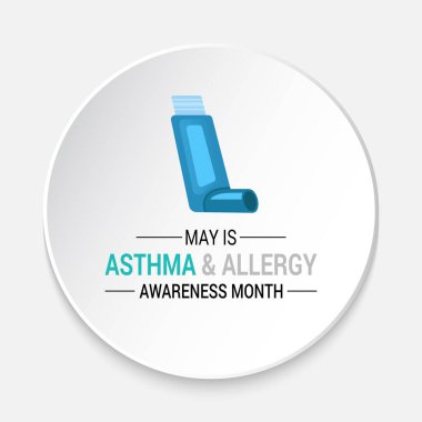 Astım ve alerji farkındalığı ay sonu arkaplan tasarım şablonunun vektör grafiği. Hırıltı, öksürük, alerjik reaksiyonlar. Gerçekçi kurdele, astım spreyli steteskop. Web Afişi.