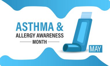 Astım ve alerji farkındalığı ay sonu arkaplan tasarım şablonunun vektör grafiği. Hırıltı, öksürük, alerjik reaksiyonlar. Gerçekçi kurdele, astım spreyli steteskop. Web Afişi.