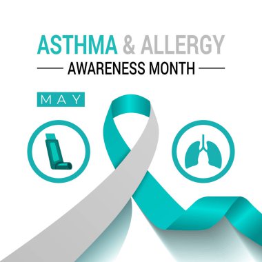 Astım ve alerji farkındalığı ay sonu arkaplan tasarım şablonunun vektör grafiği. Hırıltı, öksürük, alerjik reaksiyonlar. Gerçekçi kurdele, astım spreyli steteskop. Web Afişi.