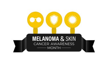 Melanoma ve cilt kanseri farkındalığı ayının vektör grafiği Mayıs 'ta her yıl gözlemlenir. Bu ay, cilt kanseri riskini azaltmak için güneş güvenliği uygulamalarını teşvik ediyoruz. Gerçekçi Kurdele. Morötesi ışınlar.