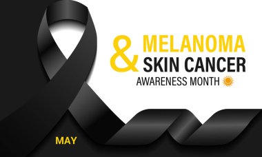 Melanoma ve cilt kanseri farkındalığı ayının vektör grafiği Mayıs 'ta her yıl gözlemlenir. Bu ay, cilt kanseri riskini azaltmak için güneş güvenliği uygulamalarını teşvik ediyoruz. Gerçekçi Kurdele. Morötesi ışınlar.