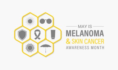 Melanoma ve cilt kanseri farkındalığı ayının vektör grafiği Mayıs 'ta her yıl gözlemlenir. Bu ay, cilt kanseri riskini azaltmak için güneş güvenliği uygulamalarını teşvik ediyoruz. Gerçekçi Kurdele. Morötesi ışınlar.