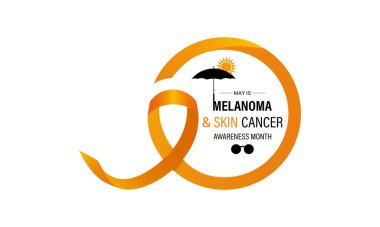 Melanoma ve cilt kanseri farkındalığı ayının vektör grafiği Mayıs 'ta her yıl gözlemlenir. Bu ay, cilt kanseri riskini azaltmak için güneş güvenliği uygulamalarını teşvik ediyoruz. Gerçekçi Kurdele. Morötesi ışınlar.