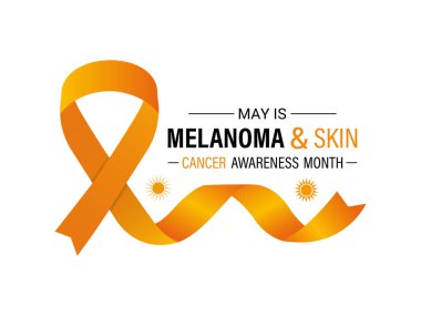Melanoma ve cilt kanseri farkındalığı ayının vektör grafiği Mayıs 'ta her yıl gözlemlenir. Bu ay, cilt kanseri riskini azaltmak için güneş güvenliği uygulamalarını teşvik ediyoruz. Gerçekçi Kurdele. Morötesi ışınlar.