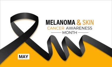 Melanoma ve cilt kanseri farkındalığı ayının vektör grafiği Mayıs 'ta her yıl gözlemlenir. Bu ay, cilt kanseri riskini azaltmak için güneş güvenliği uygulamalarını teşvik ediyoruz. Gerçekçi Kurdele. Morötesi ışınlar.
