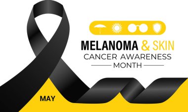 Melanoma ve cilt kanseri farkındalığı ayının vektör grafiği Mayıs 'ta her yıl gözlemlenir. Bu ay, cilt kanseri riskini azaltmak için güneş güvenliği uygulamalarını teşvik ediyoruz. Gerçekçi Kurdele. Morötesi ışınlar.