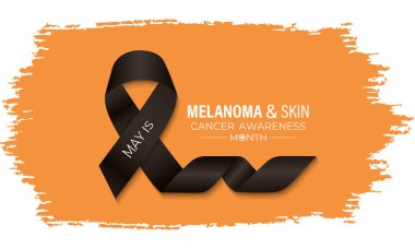 Melanoma ve cilt kanseri farkındalığı ayının vektör grafiği Mayıs 'ta her yıl gözlemlenir. Bu ay, cilt kanseri riskini azaltmak için güneş güvenliği uygulamalarını teşvik ediyoruz. Gerçekçi Kurdele. Morötesi ışınlar.