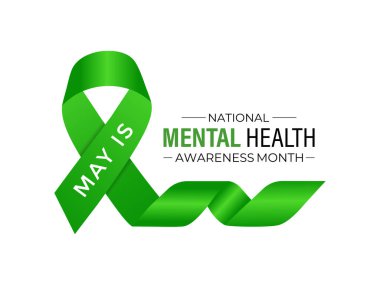 Her yıl Mayıs ayında gözlemlenen Ruh Sağlığı Bilinci Ayı 'nın vektör illüstrasyonu. Gerçekçi yeşil kurdele tasarımlı beyin ve insan kafası. Afiş, el ilanı ve arkaplan tasarım şablonu.