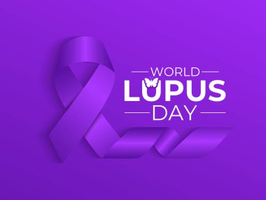 Dünya Lupus Günü. Kelebek Kurdeleli Gerçekçi Kurdele. Sağlık farkındalığı vektör illüstrasyonu. Afiş, broşür ve arka plan tasarım şablonu. Vektör çizimi. Eps 10.
