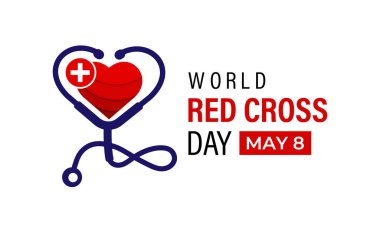 Dünya Kızılhaç Günü her yıl 8 Mayıs 'ta kutlanır. Uluslararası Kızıl Haç ve Kızıl Hilal Hareketi. Renkli arka plan ve steteskopta kalbi olan bir el. Web afişi, kartlar, baskılar için tasarım.