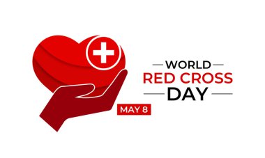 Dünya Kızılhaç Günü her yıl 8 Mayıs 'ta kutlanır. Uluslararası Kızıl Haç ve Kızıl Hilal Hareketi. Renkli arka plan ve steteskopta kalbi olan bir el. Web afişi, kartlar, baskılar için tasarım.