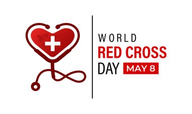 Dünya Kızılhaç Günü her yıl 8 Mayıs 'ta kutlanır. Uluslararası Kızıl Haç ve Kızıl Hilal Hareketi. Renkli arka plan ve steteskopta kalbi olan bir el. Web afişi, kartlar, baskılar için tasarım.