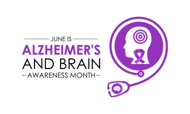 Her yıl Haziran ayında Alzheimer ve Beyin Farkındalığı ayı vektör grafiği gözlemlenir. Alzheimer ve beyinle ilgili farkındalığı arttır. Gerçekçi Kurdele, steteskop tasarımı ile baş ve beyin simgesi.