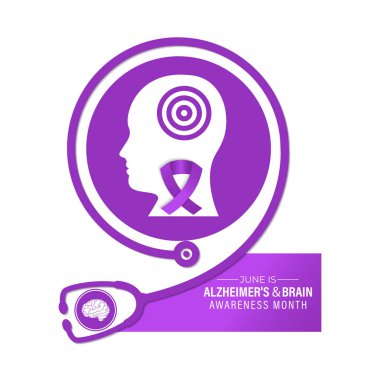 Her yıl Haziran ayında Alzheimer ve Beyin Farkındalığı ayı vektör grafiği gözlemlenir. Alzheimer ve beyinle ilgili farkındalığı arttır. Gerçekçi Kurdele, steteskop tasarımı ile baş ve beyin simgesi.