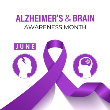 Her yıl Haziran ayında Alzheimer ve Beyin Farkındalığı ayı vektör grafiği gözlemlenir. Alzheimer ve beyinle ilgili farkındalığı arttır. Gerçekçi Kurdele, steteskop tasarımı ile baş ve beyin simgesi.