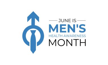 Haziran Banner ve arka plan tasarım şablonunda her yıl erkek sağlığı ayı gözlemlenmektedir. Mavi kurdele, bıyıklı ve gerçekçi kurdeleli steteskop. Uluslararası Erkekler Günü ve Babalar Günü kavramları. Vektör çizimi. Eps 10.