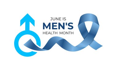 Haziran Banner ve arka plan tasarım şablonunda her yıl erkek sağlığı ayı gözlemlenmektedir. Mavi kurdele, bıyıklı ve gerçekçi kurdeleli steteskop. Uluslararası Erkekler Günü ve Babalar Günü kavramları. Vektör çizimi. Eps 10.