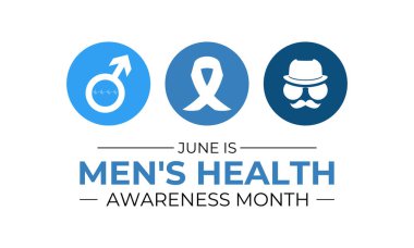 Haziran Banner ve arka plan tasarım şablonunda her yıl erkek sağlığı ayı gözlemlenmektedir. Mavi kurdele, bıyıklı ve gerçekçi kurdeleli steteskop. Uluslararası Erkekler Günü ve Babalar Günü kavramları. Vektör çizimi. Eps 10.