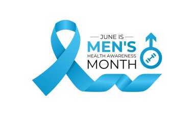 Haziran Banner ve arka plan tasarım şablonunda her yıl erkek sağlığı ayı gözlemlenmektedir. Mavi kurdele, bıyıklı ve gerçekçi kurdeleli steteskop. Uluslararası Erkekler Günü ve Babalar Günü kavramları. Vektör çizimi. Eps 10.