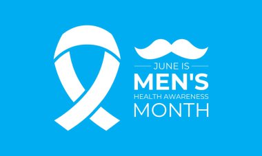 Haziran Banner ve arka plan tasarım şablonunda her yıl erkek sağlığı ayı gözlemlenmektedir. Mavi kurdele, bıyıklı ve gerçekçi kurdeleli steteskop. Uluslararası Erkekler Günü ve Babalar Günü kavramları. Vektör çizimi. Eps 10.