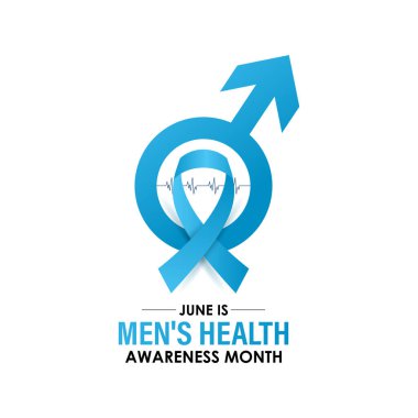 Haziran Banner ve arka plan tasarım şablonunda her yıl erkek sağlığı ayı gözlemlenmektedir. Mavi kurdele, bıyıklı ve gerçekçi kurdeleli steteskop. Uluslararası Erkekler Günü ve Babalar Günü kavramları. Vektör çizimi. Eps 10.