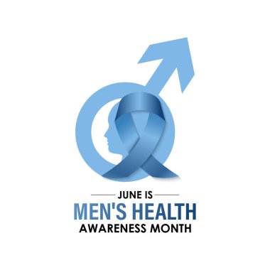 Haziran Banner ve arka plan tasarım şablonunda her yıl erkek sağlığı ayı gözlemlenmektedir. Mavi kurdele, bıyıklı ve gerçekçi kurdeleli steteskop. Uluslararası Erkekler Günü ve Babalar Günü kavramları. Vektör çizimi. Eps 10.